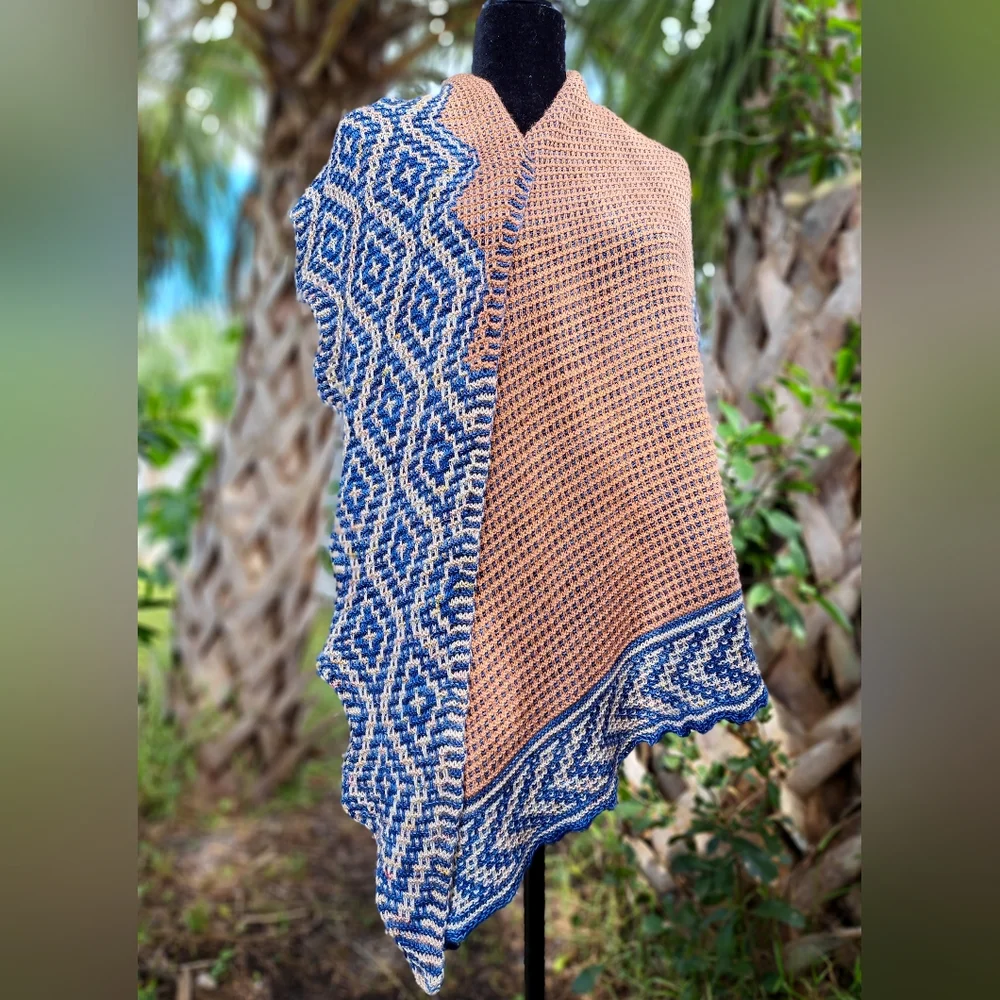 Hand Knit Shawl Blue Brown Beige Hand Dyed Yarn Mosaic Colorwork Soft Warm Cozy - Picture 13 of 16